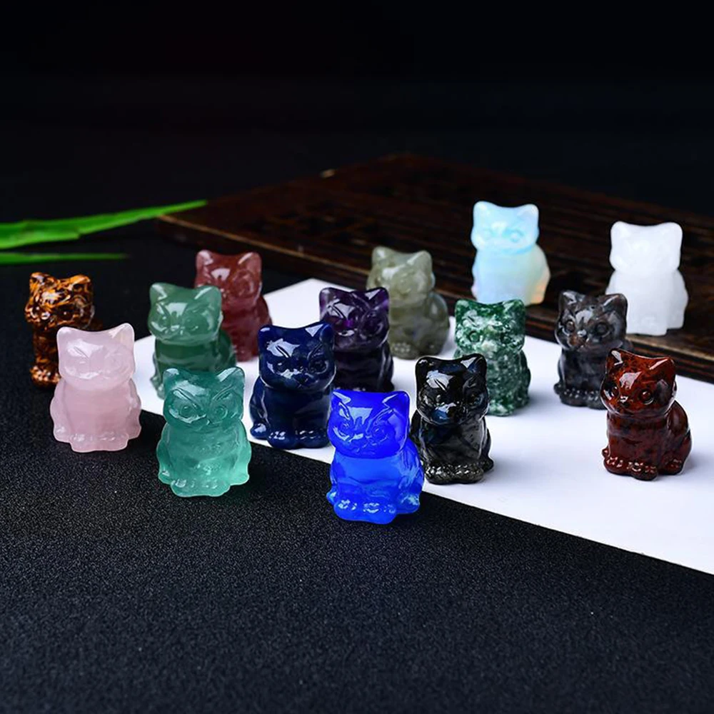 

1.2" Mini Gemstone Cute Cat Statue Healing Quartz Amethyst Fluorite Figurine Home Decor Carved Crystal Animal Mineral Specimen