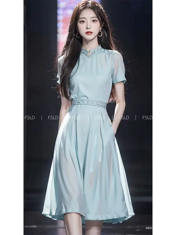 Nowa wysokiej klasy chińska letnia sukienka damska moda z krótkim rękawem wąska talia linia eleganckie sukienki Midi Temperament Vestidos szata