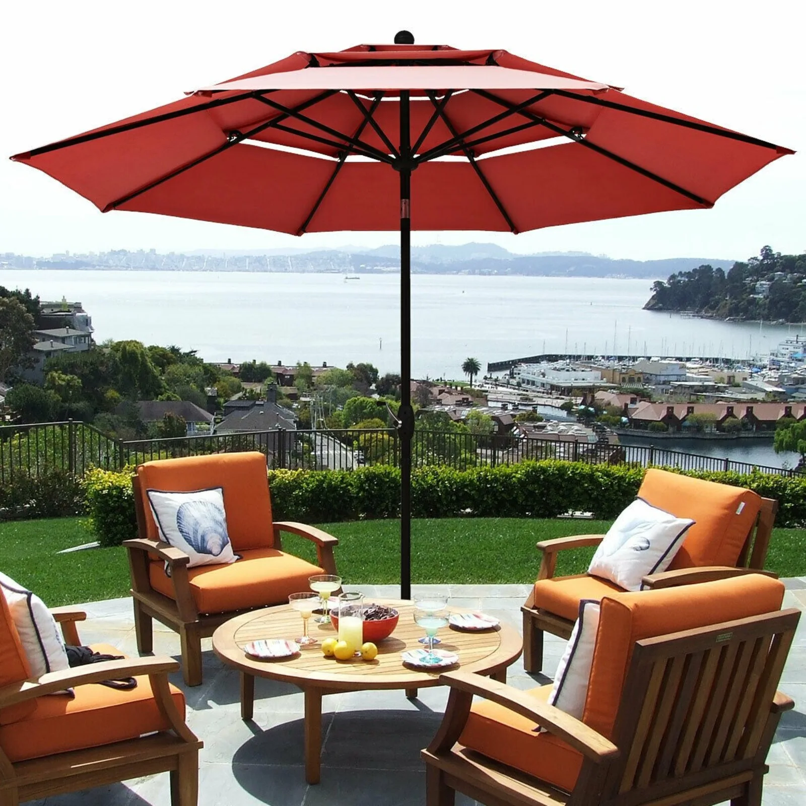 

10ft 3 Tier Patio Market Umbrella Aluminum Sunshade Shelter Double Vent Burgundy