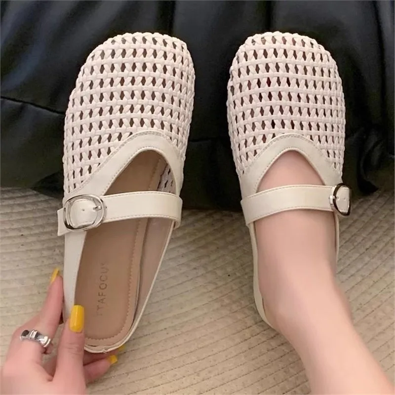 2025 New Baotou Half Slippers Mesh Hollow Breathable Comfortable Soft Bottom Women's Casual Sandals Woven Flat Shoes