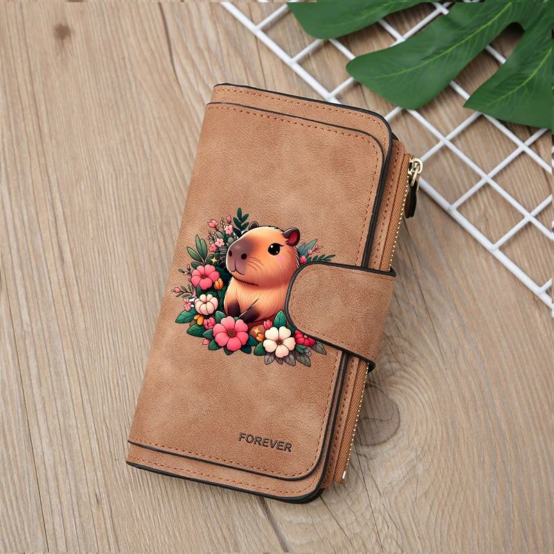 Cartoon Capybara Print Pu Leather Wallet Women Zipper Long Wallet Retro ID Card Holder Coin Purse Multiple Positions Billfolds