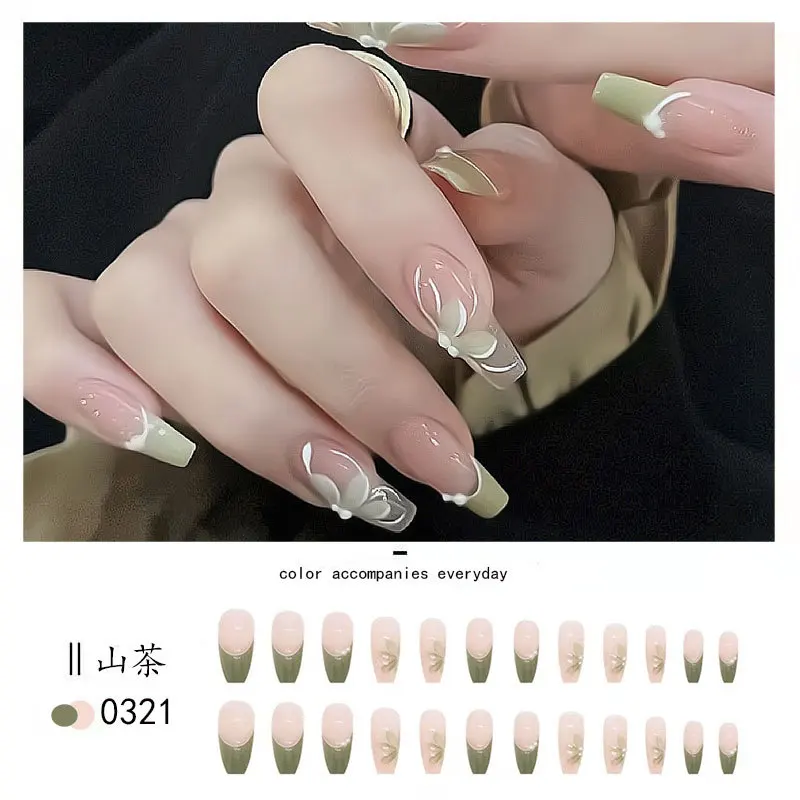 Verde camelia gelsomino fiore marmo smerigliato bara Ballerina unghie finte stampa francese sulle unghie colorate Nail Art punte complete per unghie