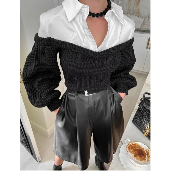 

Chic Autumn Winter Knitted Sweater Women's Faion Design Collar Slim Fit Color Blo Lantern Sve Casual Versatile Top