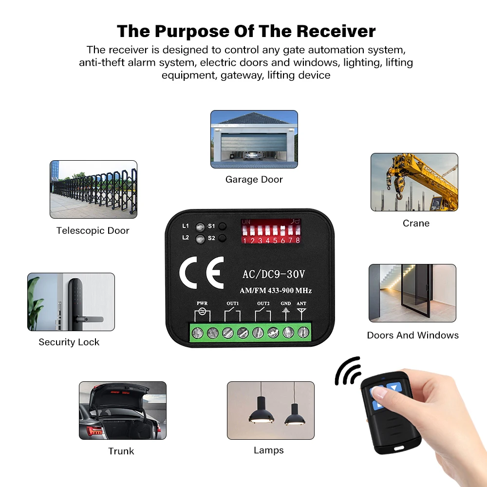 Receptor de controle remoto para porta de garagem, frequência universal 300-900mhz, interruptor controlador 2 canais para transmissor 433 868 mhz