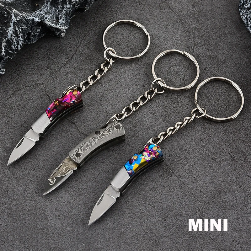 All Damascus Mini Folding Knife Pendant Acrylic Wood Keychains Sharp Small Blade Portable Hanging Outdoor Camping Unboxing Knife