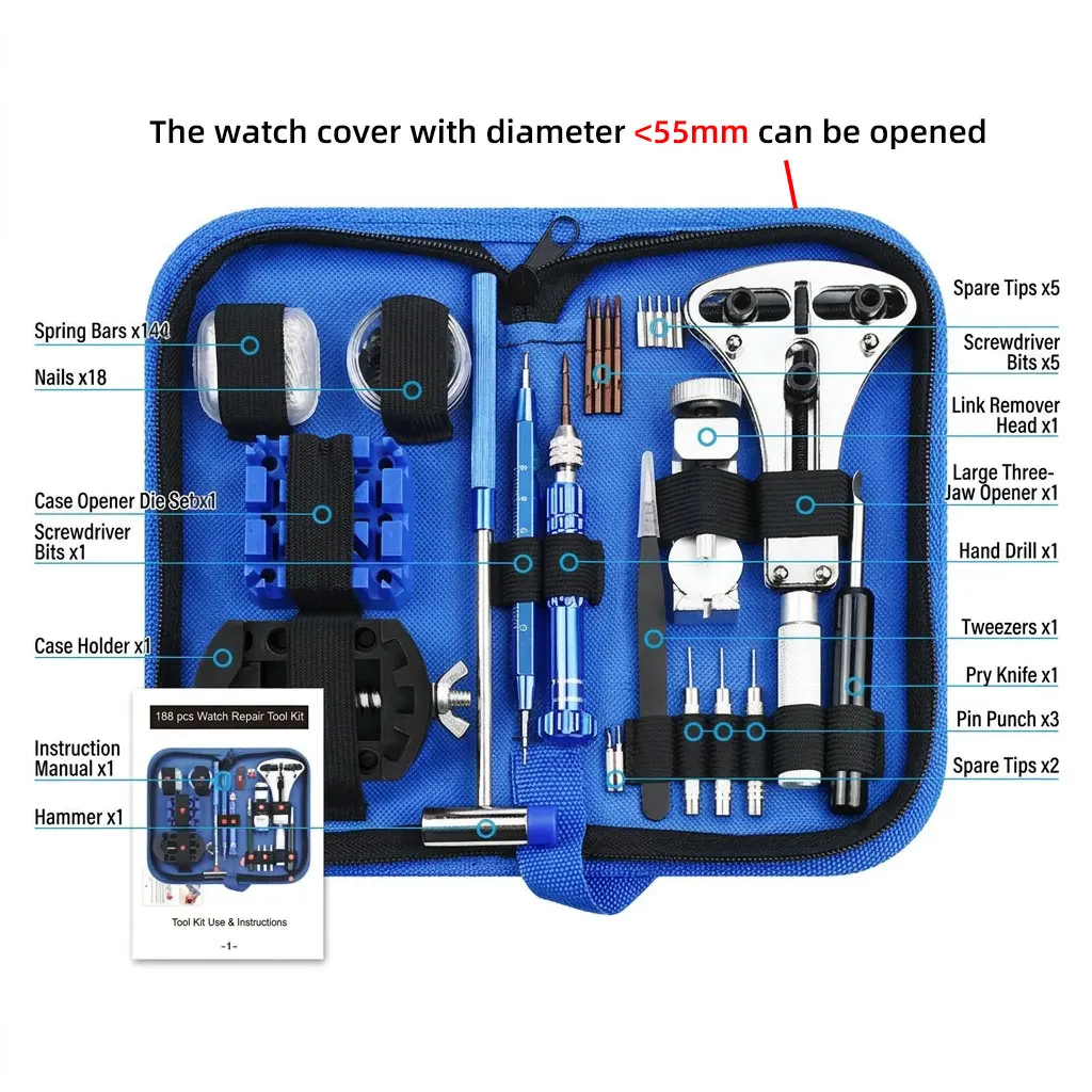 188 Pcs Watch Repair Set Back Cover Opener Watchband Link Removal Spring Bar Tool Clock Battery Replacement Strap Needle Pack