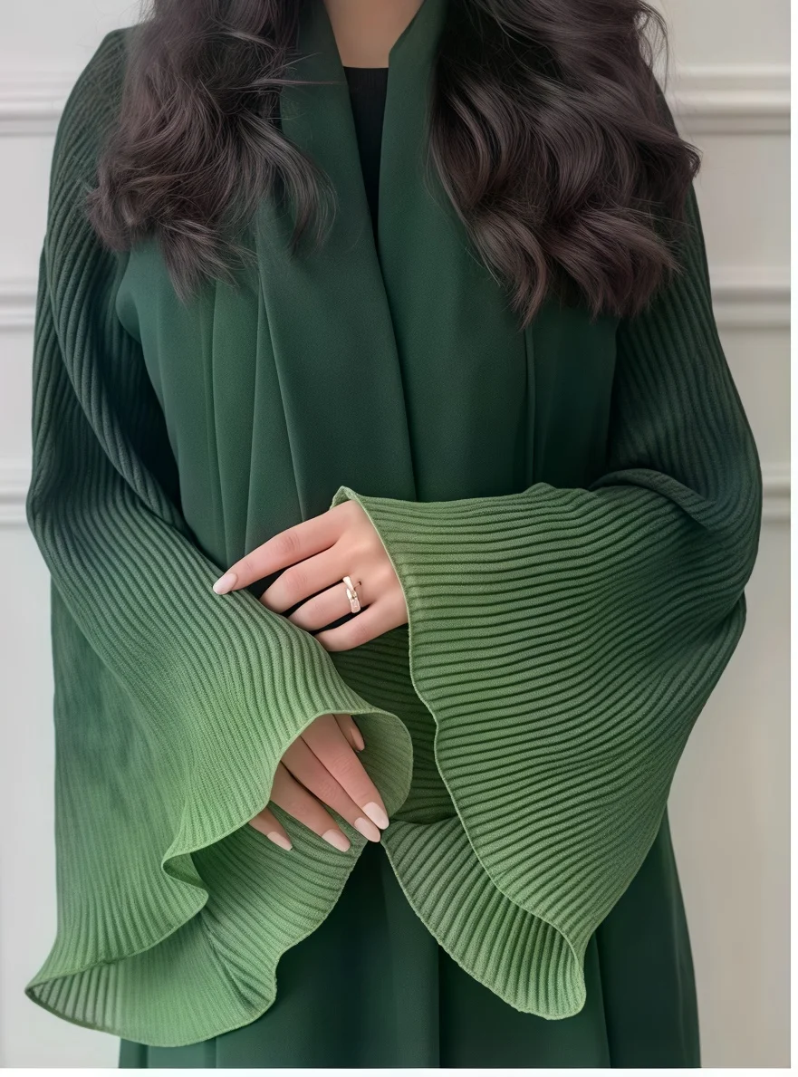 Faltbare Damen-Plissee-Abaya mit Schal – Olivgrüne Wellenmanschette, Bescheidenes Kleid-Set im Nahost-Stil, Neuheit 2025 – Modische Kleidung – Detail 9