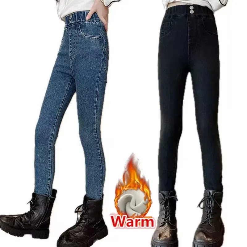 

Kids Winter Warm Insulated Skinny Jeans For Girl Vintage Thermal Close-Fitting Denim Pants Child Jeans Leggings Trousers 5-14Y