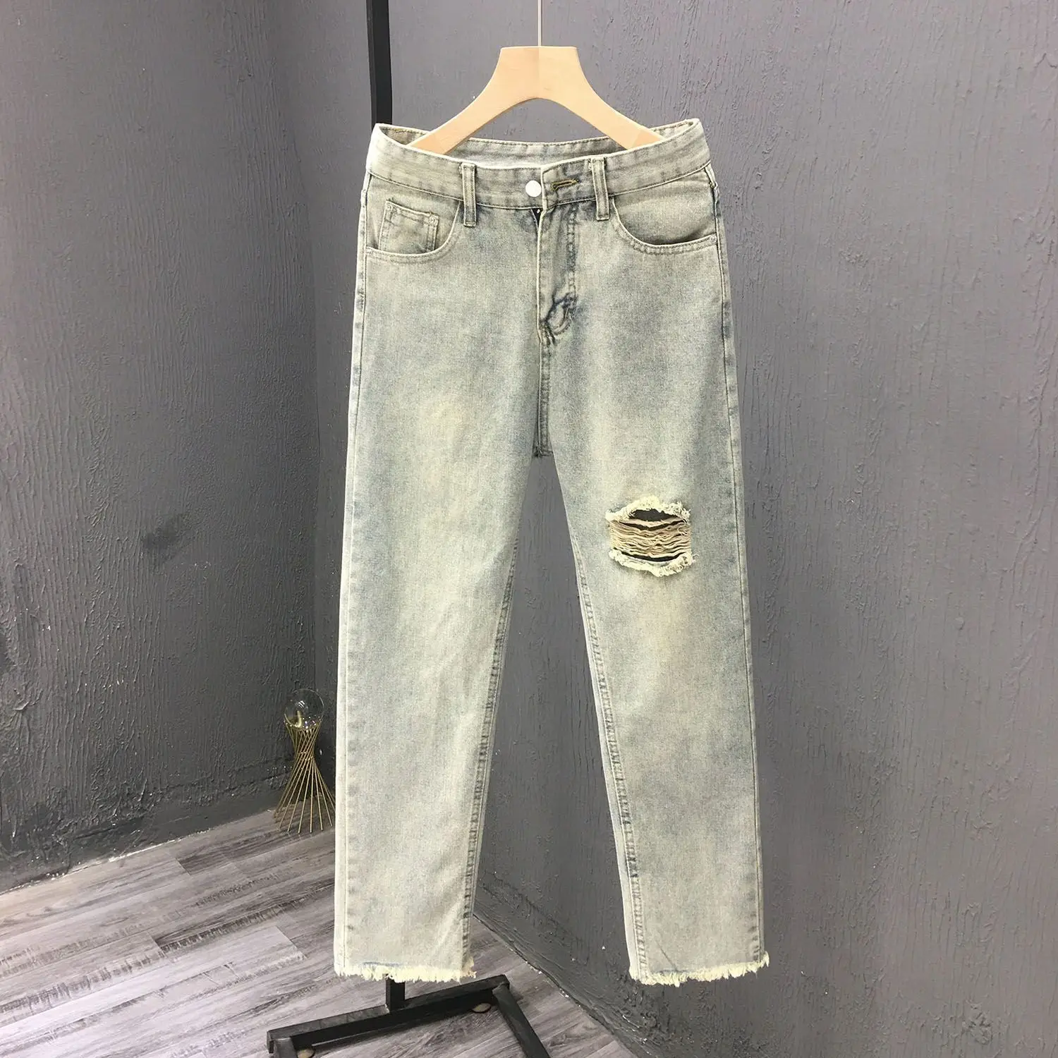 Cowboy Pants Man 2025 New Summer Brand Ruffian Handsome Loose Straight Student Washed Pants Men's Ripped Jeans Stacked Jeans Man