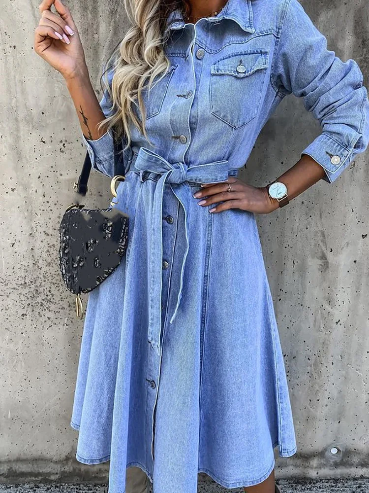 New Women Spring Autumn Turn-Down Collar Full Sleeve Denim Dress Casual Solid Button Mini Dress Fashion Elegant Streetwear Dress