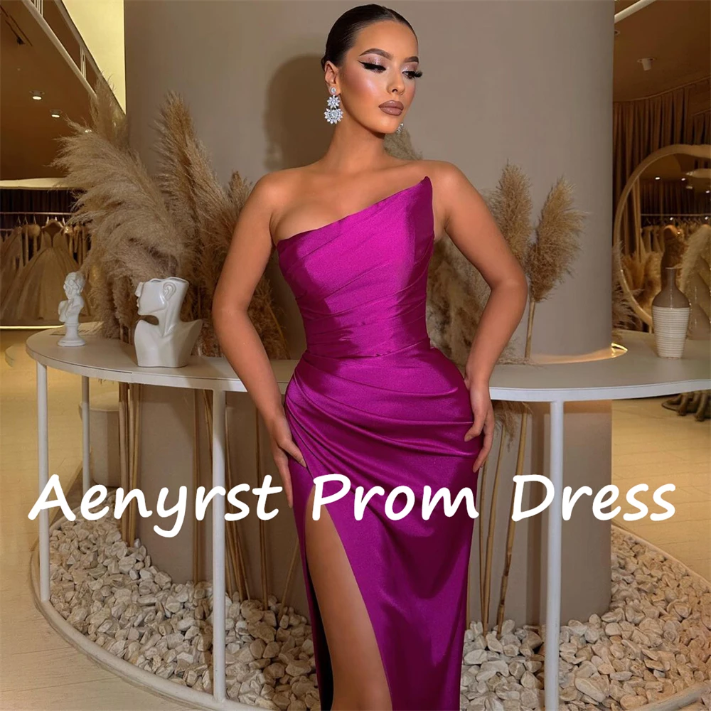 Aenyrst Sexy Strapless Saudi Arabia Prom Dresses Satin Mermaid Side Split Bodycon Codktail Gowns Floor Length Dinner Party Dress