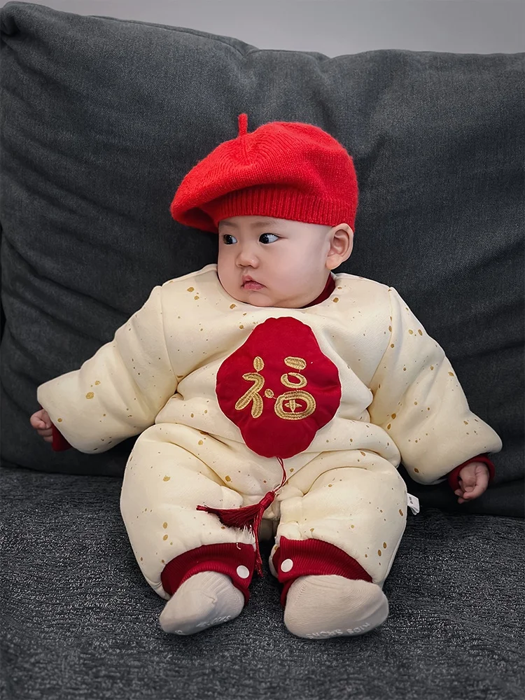 

Милый зимний комбинезон для девочек из хлопка с подкладкой, новогодняя праздничная одежда, модный цельный костюм для малышей