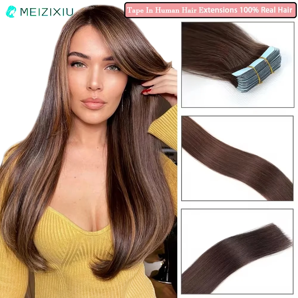 Tape In Hair Extensions Add Hair 100% Remy Real Hair 20Pcs 50g Straight Tape In Human Hair for Women 18 Inch Chocolate Brown 2#