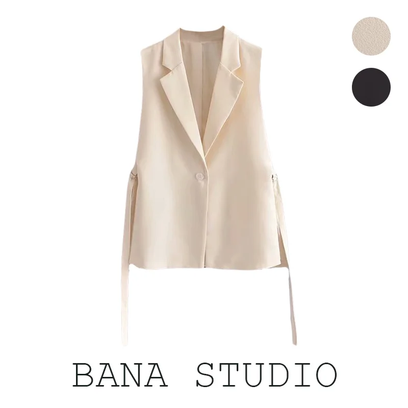 

BANA Authentic Women's OL Commute Suit Vest Side Bow Tie Split Mid-Length Single Button Closure Cotton Polyester Blend