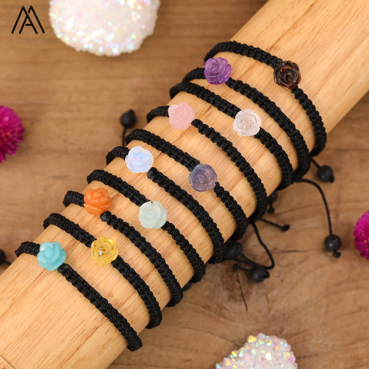 Pulsera minimalista de flores rosas, cuentas de piedra talladas a mano, joyería de cristal curativo, regalo de San Valentín de amor