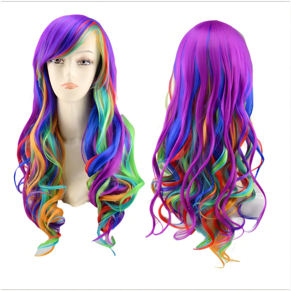 

Girls Halloween Gradient Rainbow Wig Comic Exhibition Cos Role Clothing Headwear Woman Fashion Dressing Up Accessory Headgea