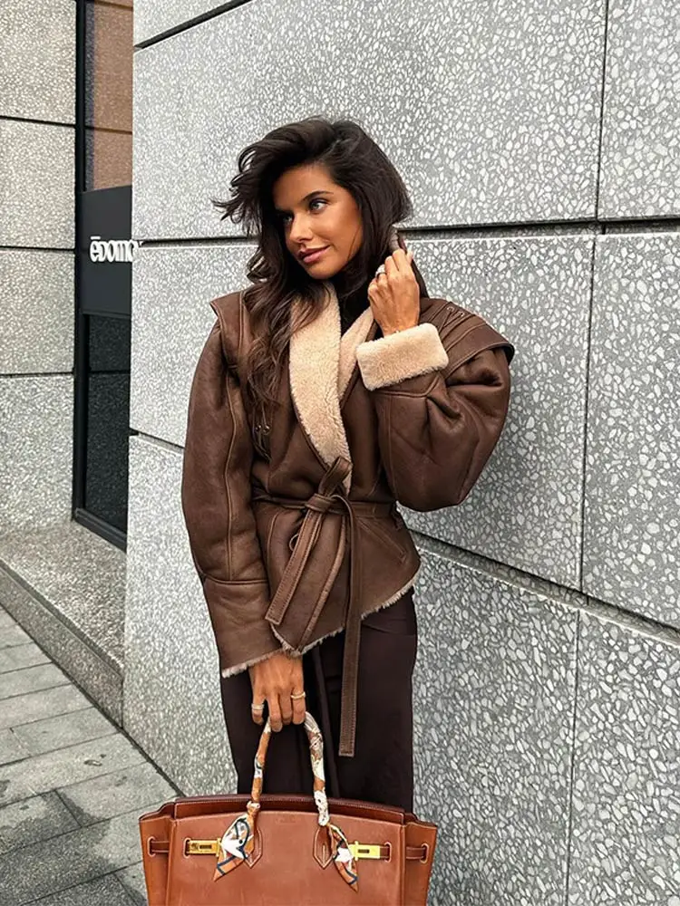 Fashion Brown Lace Up Plush Patchwork Jacket Chic Lapel Long Sleeve Slim Coat With Belt 2024 Winter Female High Street Outwear