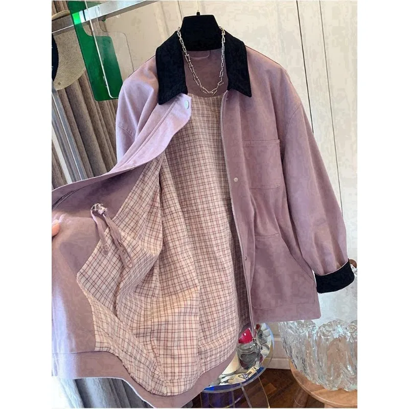 เสื้อโค้ททรงหลวมคอปกโปโลสีชมพูตัดกันสไตล์เรโทร SuperAen สำหรับผู้หญิง ฤดูใบไม้ผลิและฤดูใบไม้ร่วง 2025 สไตล์เกาหลีใหม่