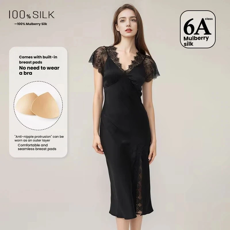 Women Sexy Lace Silk Nightdress 19 Momme Mulberry Silk Slit Design With Chest Pad Sleepwear Outdoor Dress