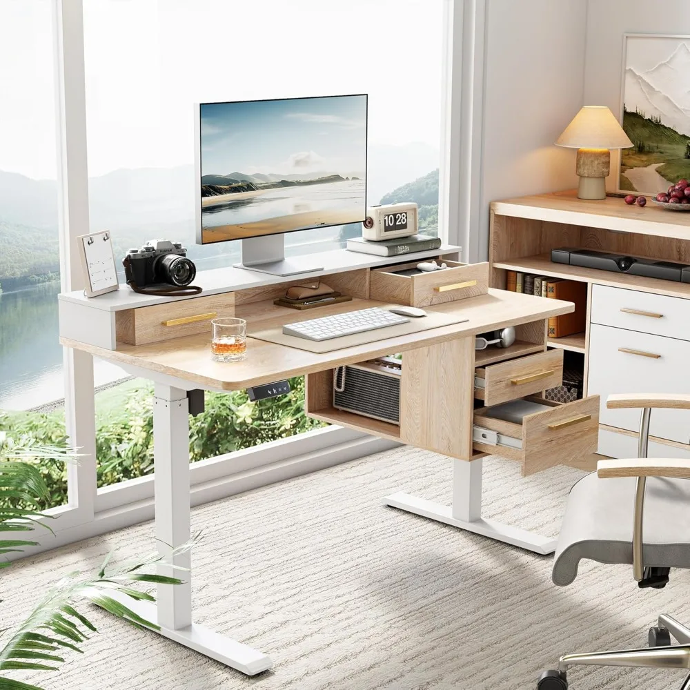 

Standing Desk with 4 Drawers, 47.2 x 23.6 Inch Whole Piece Height Adjustable Electric Sit Stand Desk, Computer Home Office Works