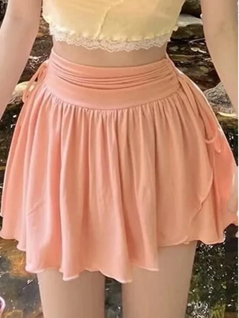 

2024 Spring/summer New Sweet Pure Desire High Waisted Pleated Skirt Women's Solid Color Drawstring A-line Short Skirt GBHO