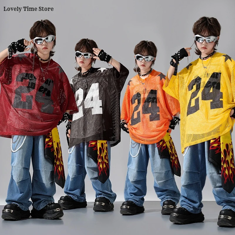 Boys K-pop Hollow Out T-shirt Denim Pants Girls Street Dance Loose Jeans Kids Hip Hop Streetwear Child Jazz Costume Clothes Sets