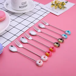 Mini Donut Cute Stainless Steel Doughnut Dessert Spoon Fork Coffee Ice Dinnerware Tablewa Cream Candy Kitchen Flatware Baby Kids