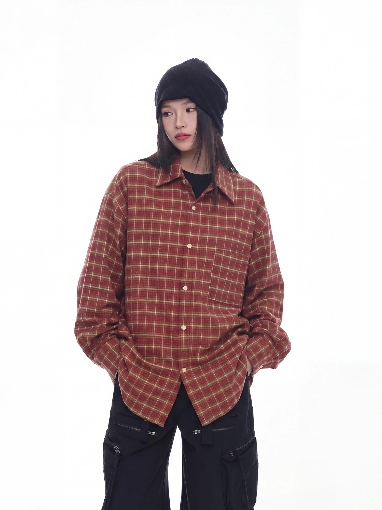 

Retro American Red Plaid Long Sve Women's irt Spring New Lazy Sle Loose Couple Cheered irt Coat Street Sle Pure ...