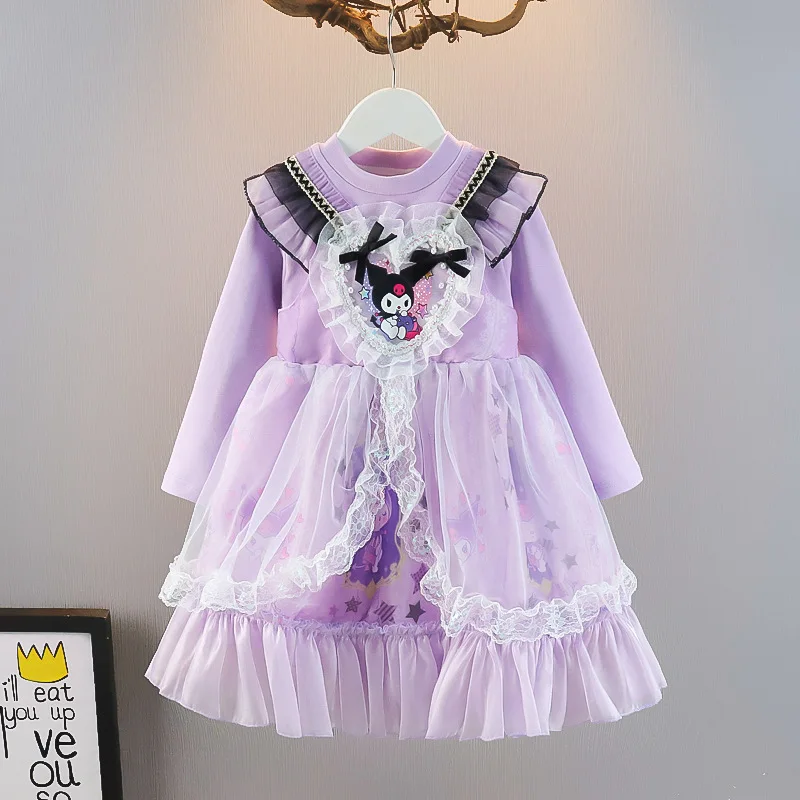 

Girls' Long Sleeved Princess Dress Spring Autumn New Children's Cartoon Mesh Dresses Cute Lace Patchwork O-Neck Purple Dresses
