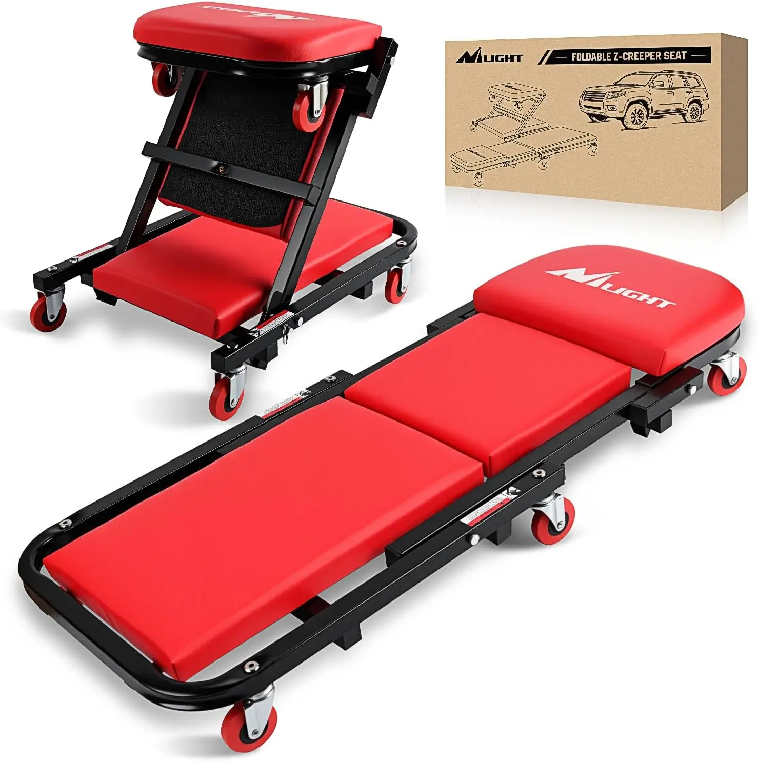 

40-Inch Adjustable Rolling Mechanic Seat, 2-in-1 Folding Garage Chair with 330 lbs Capacity in Red Black