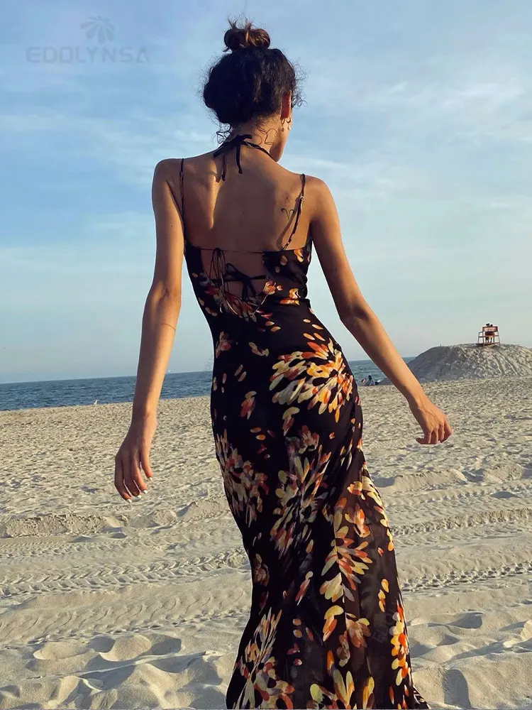 2024 Sexy Boho Printed Slip Dress Women Summer Clothes Elegant Spaghetti Straped Side Split Open Back Maxi Dress Sundress A1154