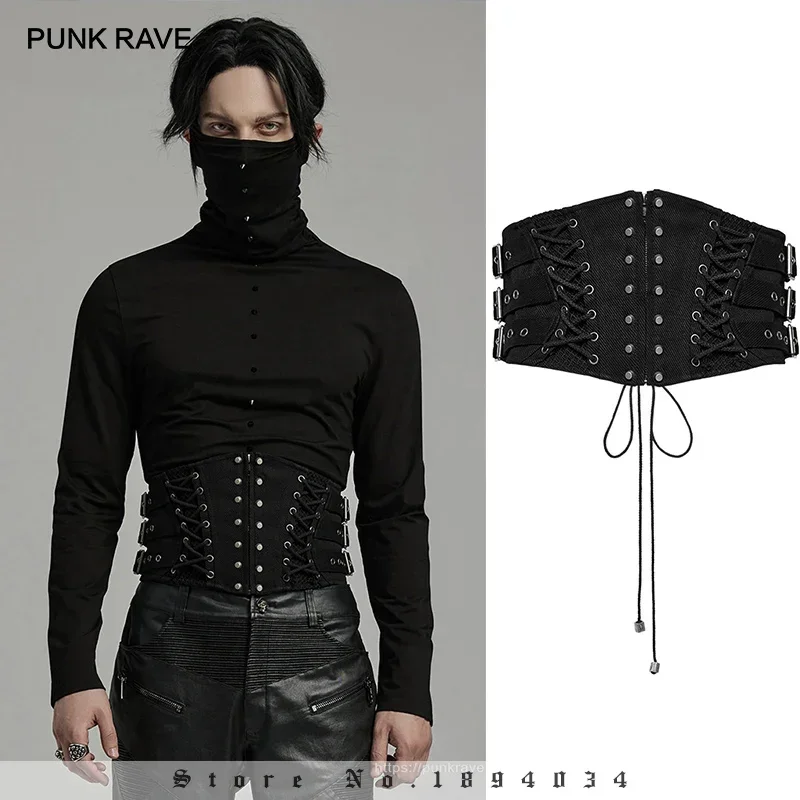 PUNK RAVE Men\'s Punk Twill Woven Mesh Personalized Corset Drawstring Design Party Club Gothic Accessories Wide Waist Belts