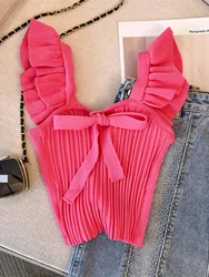 2024 Solid Color Tie Front Knitted Crop Top Chic Flutter Sleeve Slim Backless Top For Summer Women's Clothing y2k top