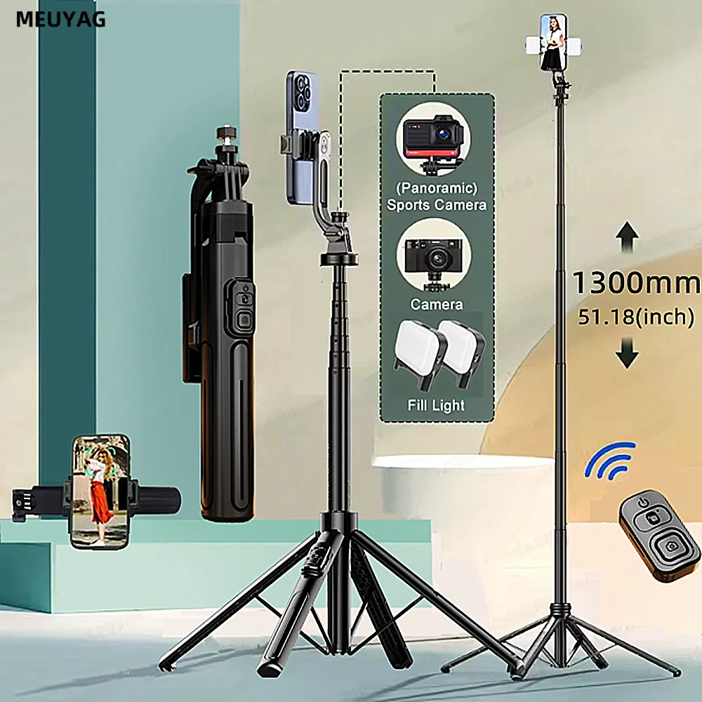 MEUYAG 1,3 m palo Selfie cuatro trípode varilla de aleación de aluminio monopié remoto Bluetooth con interfaz 1/4 para cámara de teléfono Vlog