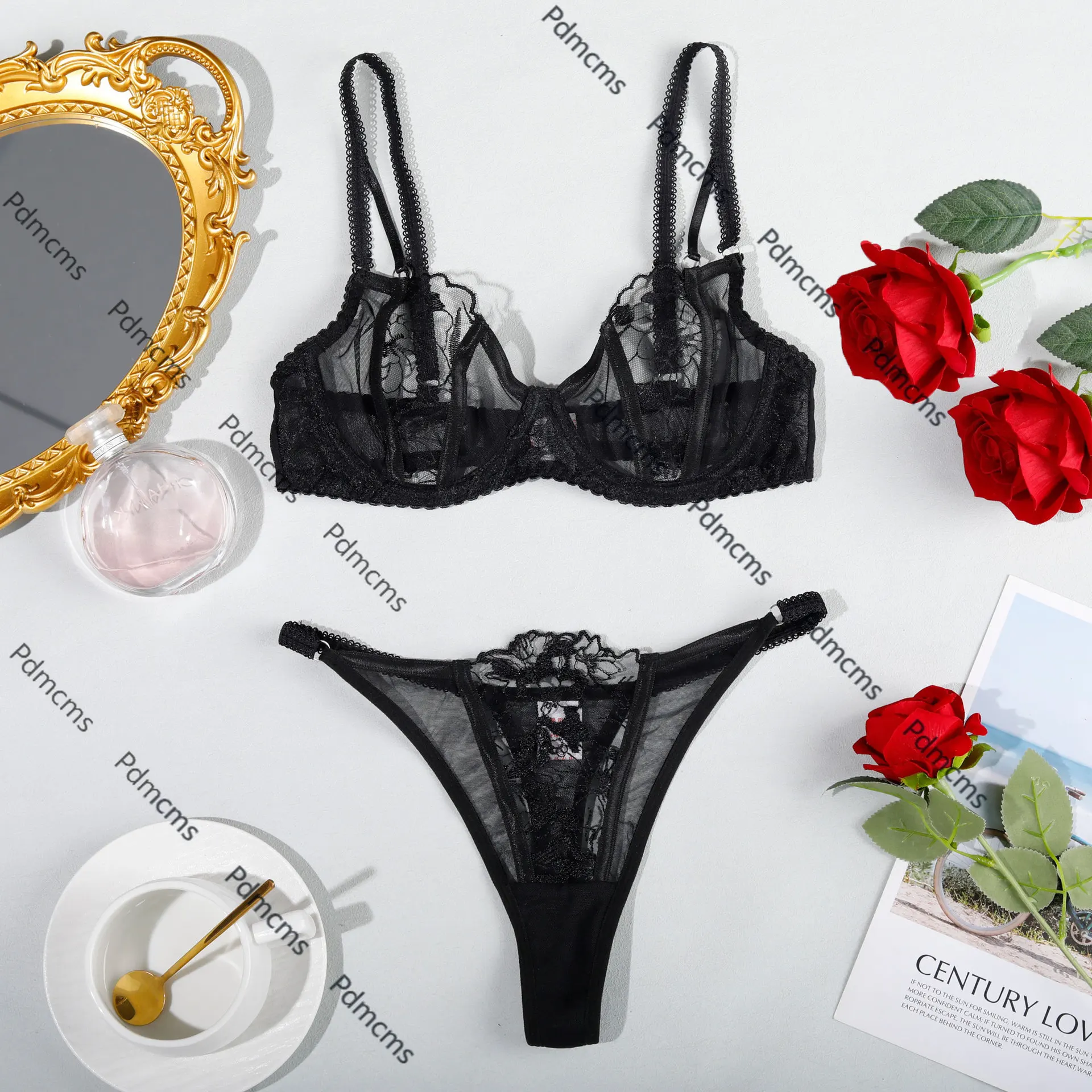 

Новое европейское и американское эротическое нижнее белье 2025 года, сексуальный бюстгальтер с тремя точками сетки, комплект из двух предметов с вышивкой LE043