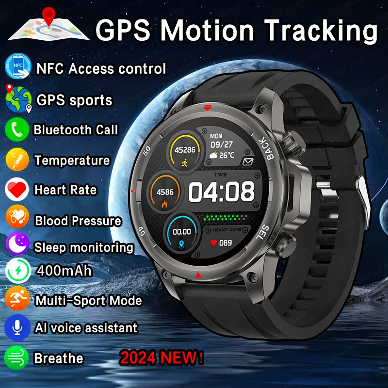 2024 New Smart Watch With Flashlight Function Men NFC Sports Fitness Tracker Compass Timer Smart Voice Bluetooth call smartwatch