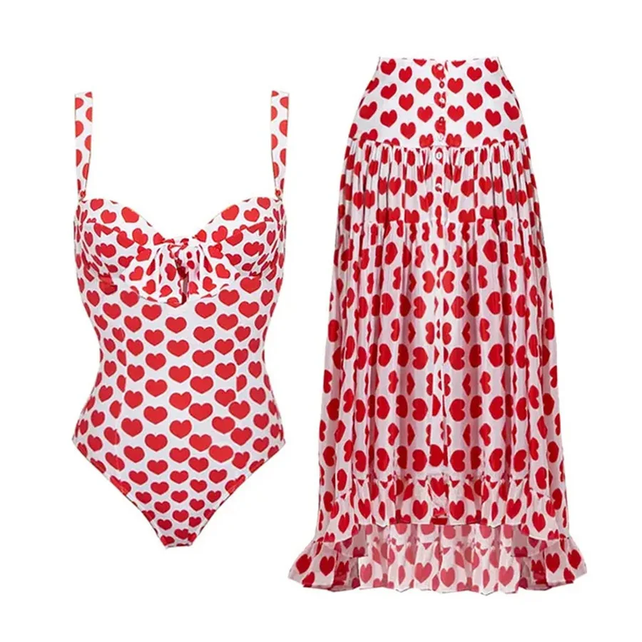 2025 New One-piece Swimsuit Women,Fashion Red Dots Swimwear Set with Chiffon Skirt,Sexy Hot Spring Bathing Suit,Lady Beach Wear