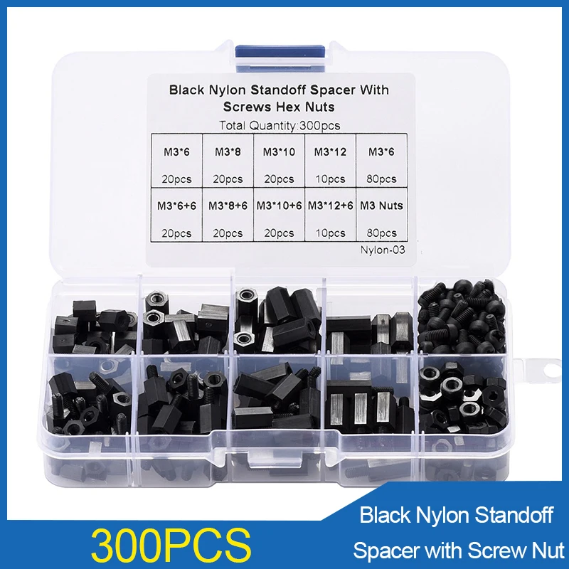 

300pcs M3 Black Hex Nylon Insulated Standoff Spacer Column Flat Head Nylon Plastic Spacing Screws Nuts Assortment Kit Set