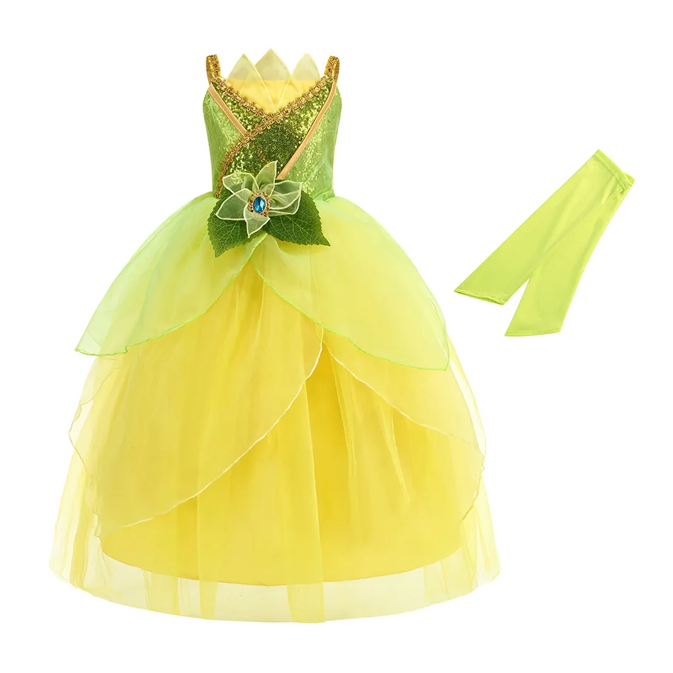 Princess Tiana Cos Dress Crown Magic Wand Bag Glove Necklace Bracelet Ring Earrings Set Princess And Frog Cosplay Costume