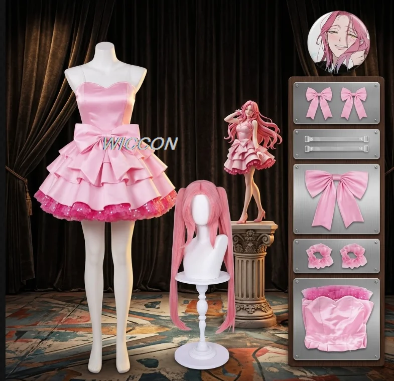 Image of Anime Zombie Stage Mizi Cosplay Kostüm Perücke Rosa Kleid Outfit Maske Kopfbedeckung Alien Stage Sua Halloween Party für Frauen 코스프레