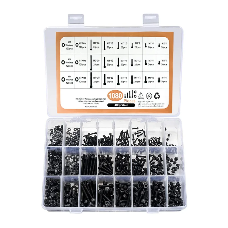 Hex Socket Cap Screw Kit 1080 Pcs M2 4mm-30mm Black Oxide Grade 12.9 Carbon Steel Fasteners for Machinery Repair
