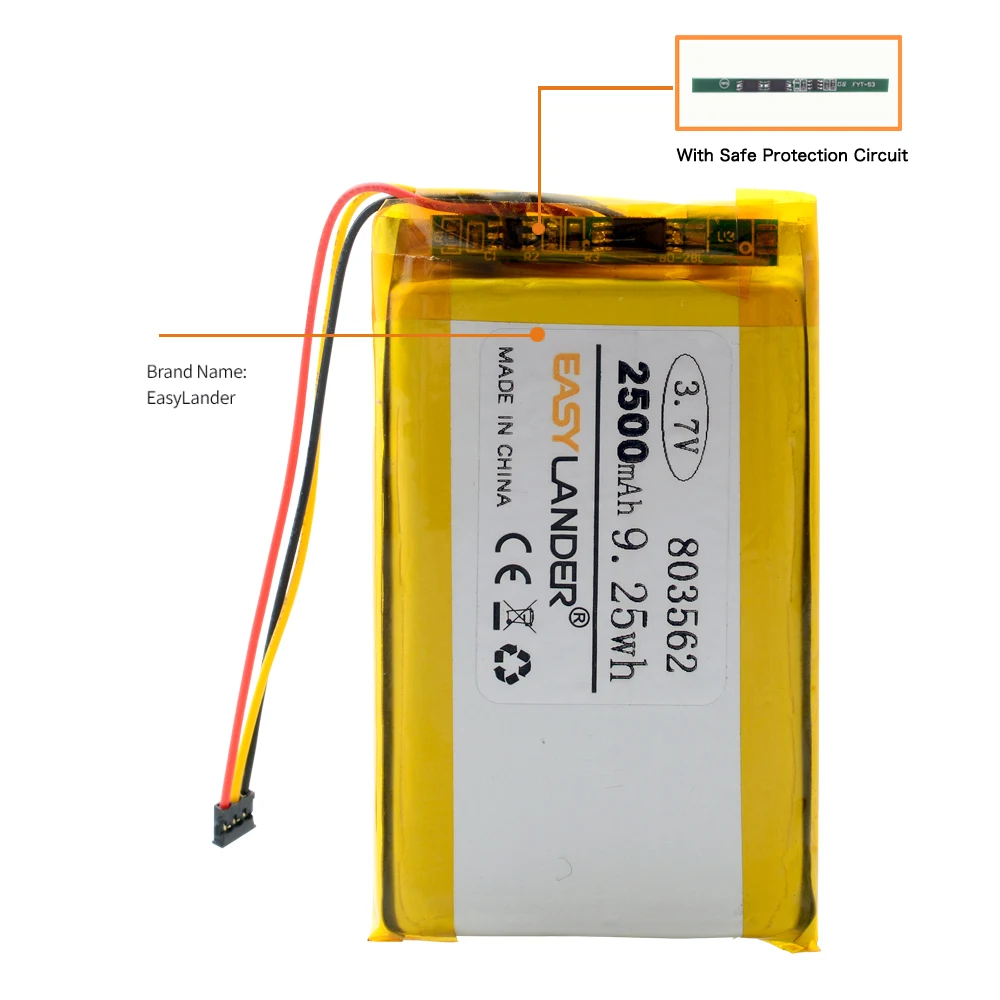 3-проводной разъем 3,7 В 2500 мАч 803562   Литий-полимерная литий-ионная аккумуляторная батарея для велосипедной видеорегистратора DVR GPS SIGMA ROX12.0