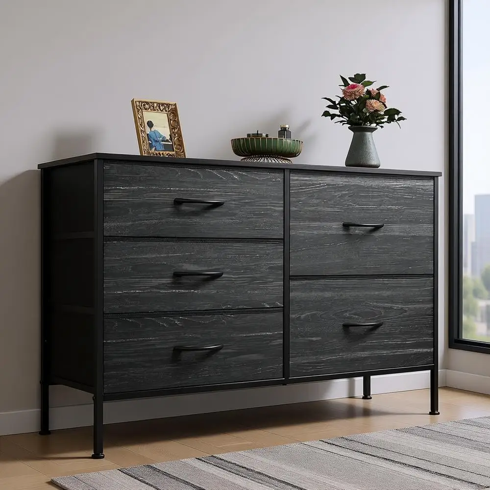 

Комод с 5 ящиками для спальни с широкими органайзерами, тумба для гостиной, текстура дерева, цвет «угольно-черный»