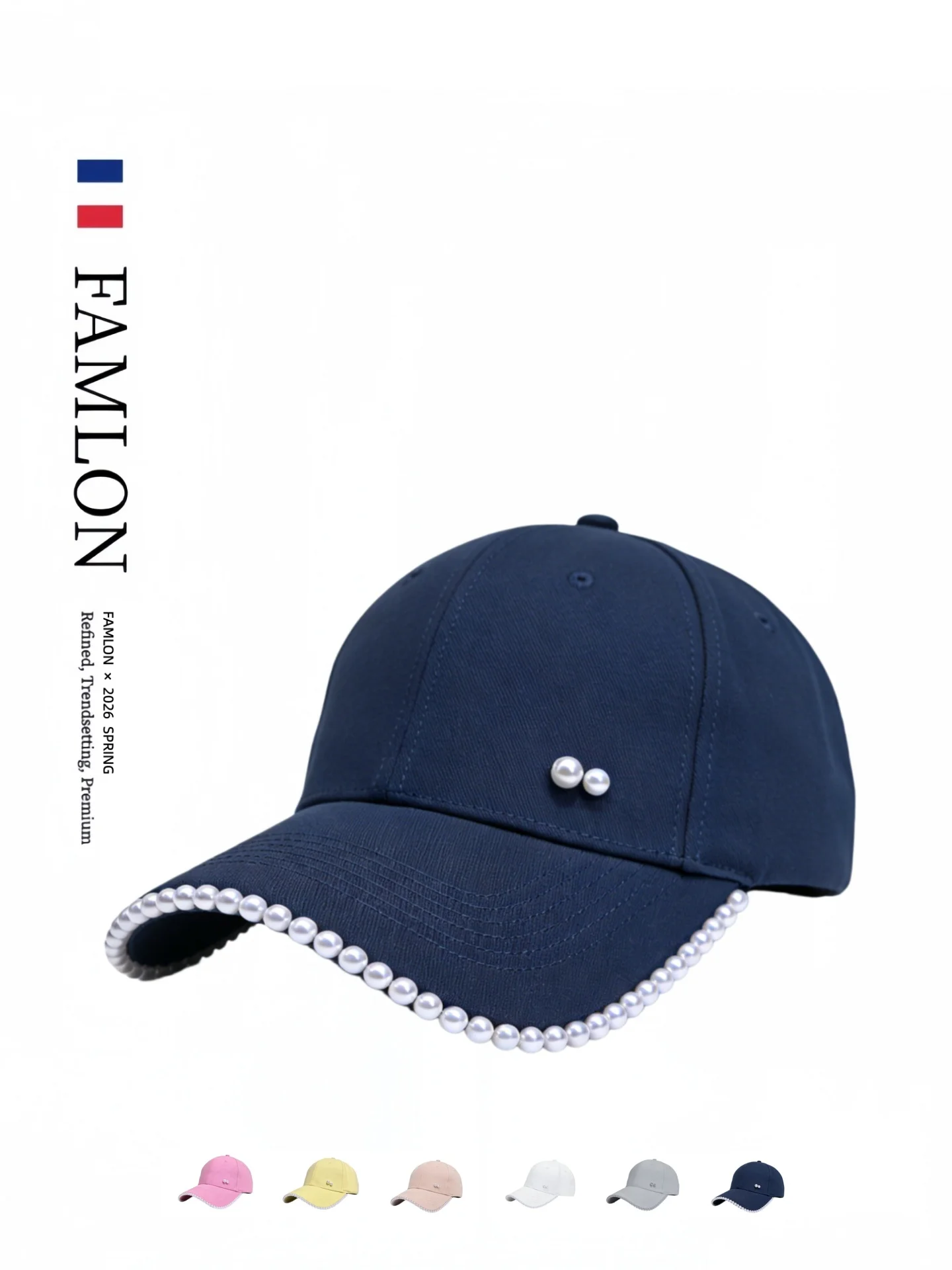 famlon-pearl-decorated-baseball-cap-women's-versatile-sunscreen-wide-brim-hat-fashionable-large-circumference-sunshade-cap