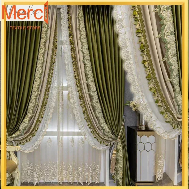 

Luxurious French Olive Green Velvet Curtains For Bedroom Living Room French Window Custom Window Screen House Decor White Tulle