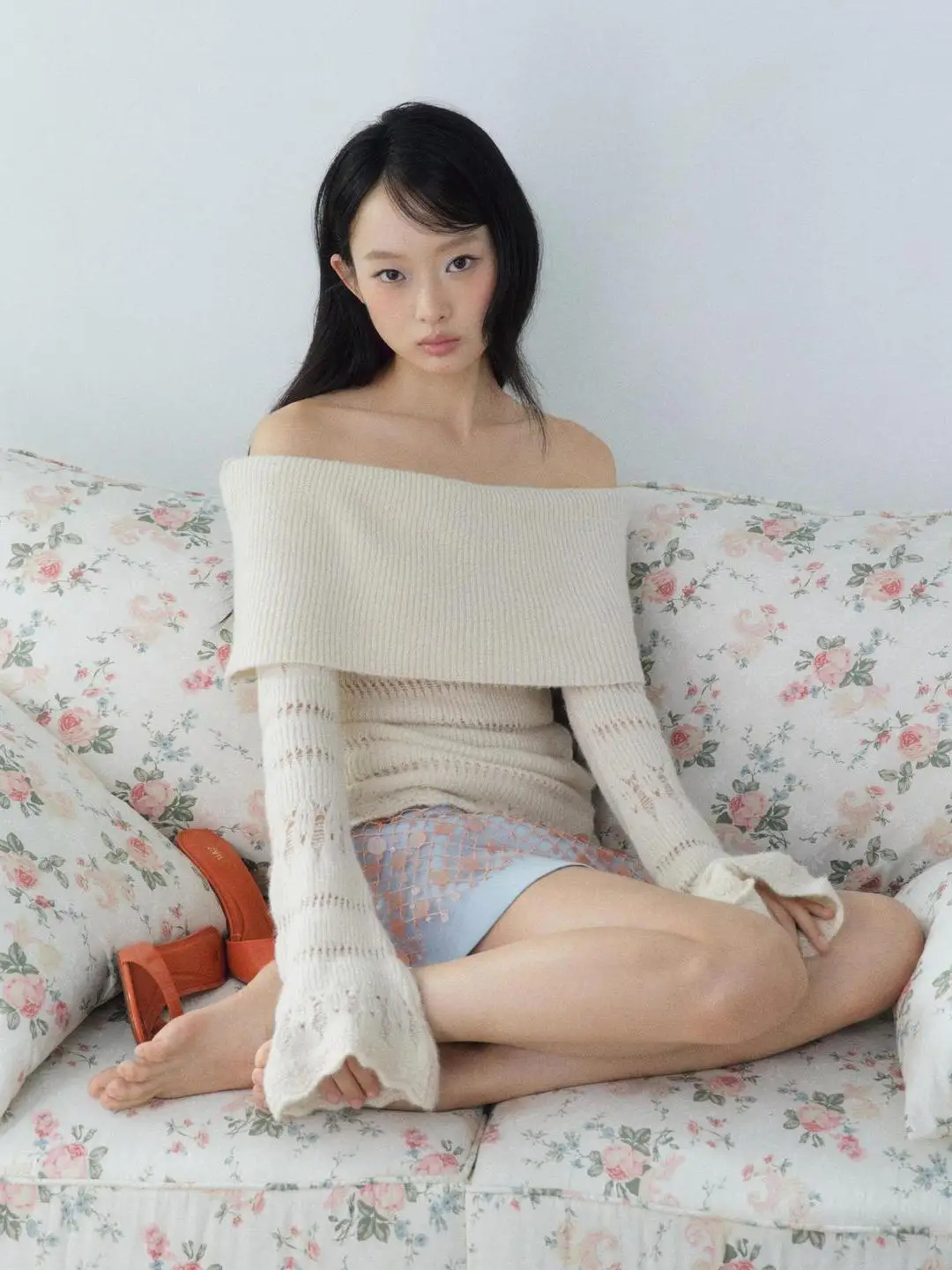 Autumnal Knitted Long Sleeve Shoulder Bared Straight Collar Flared Leggings Top Women's Loose Fit Polyester Fiber Casual Wear