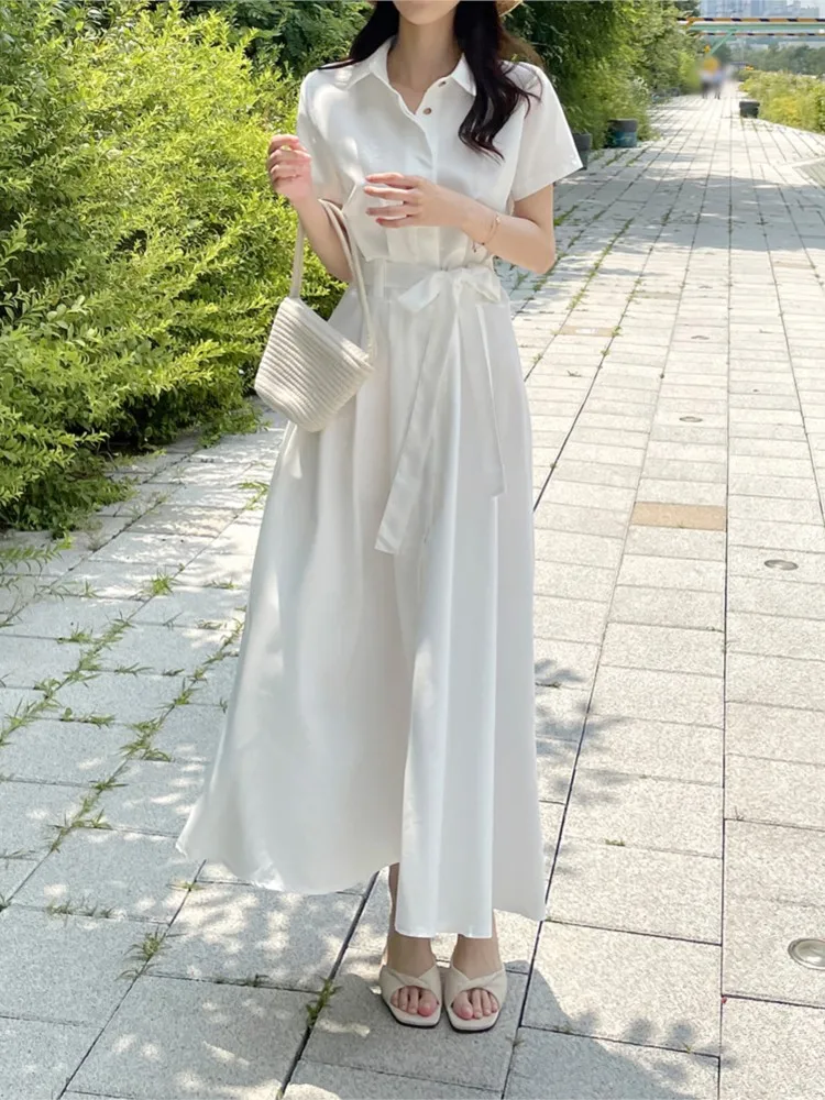 Sommer langes Hemd Kleid Frauen Mode Rüschen plissiert koreanischen Stil lose Damen Kleider Kurzarm lässig Frau Kleid