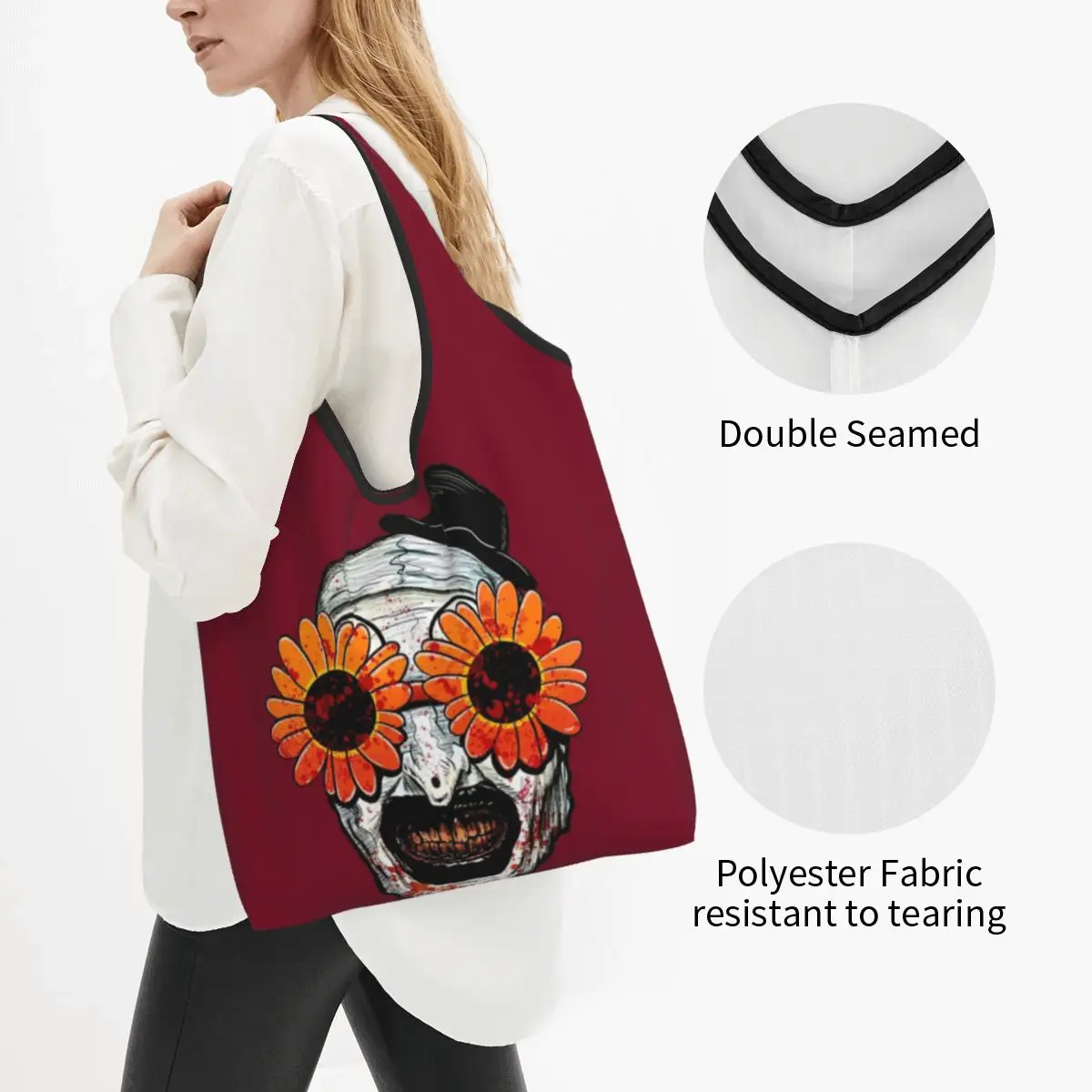 Art The Clown Terrifier Sunflower Sunglasses Portable Tote Shopping Bags Reusable Shopper Bag Grocery Handbag Shoulder Bag