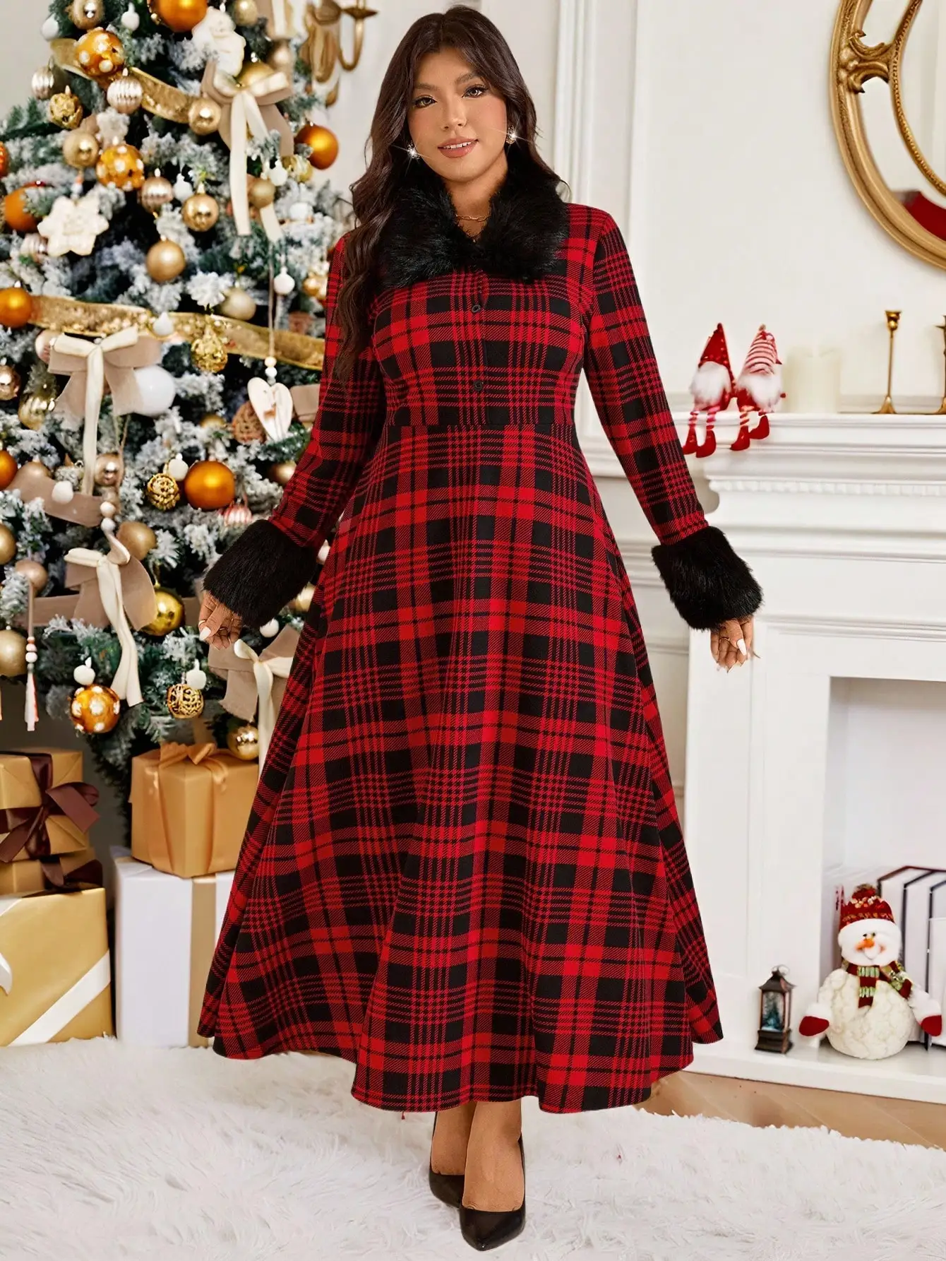 

Plus Size Red & Black Plaid Long Sleeve Midi Dress with Faux Fur Collar and Cuffs