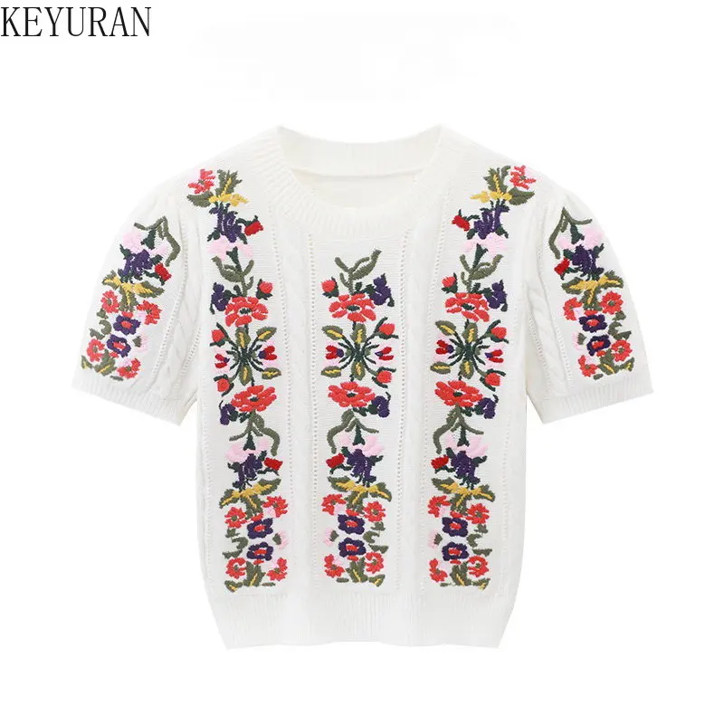 2023 Spring/Summer New Embroidery Foral Sweater Women Pullover Fashion O-Neck Pink/White Flower Knitwear Crop Top Female Jumpers